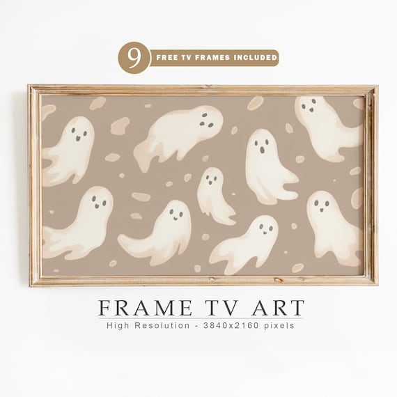 Cute Ghost Pattern Neutral Taupe Background Halloween Decor Wall Print