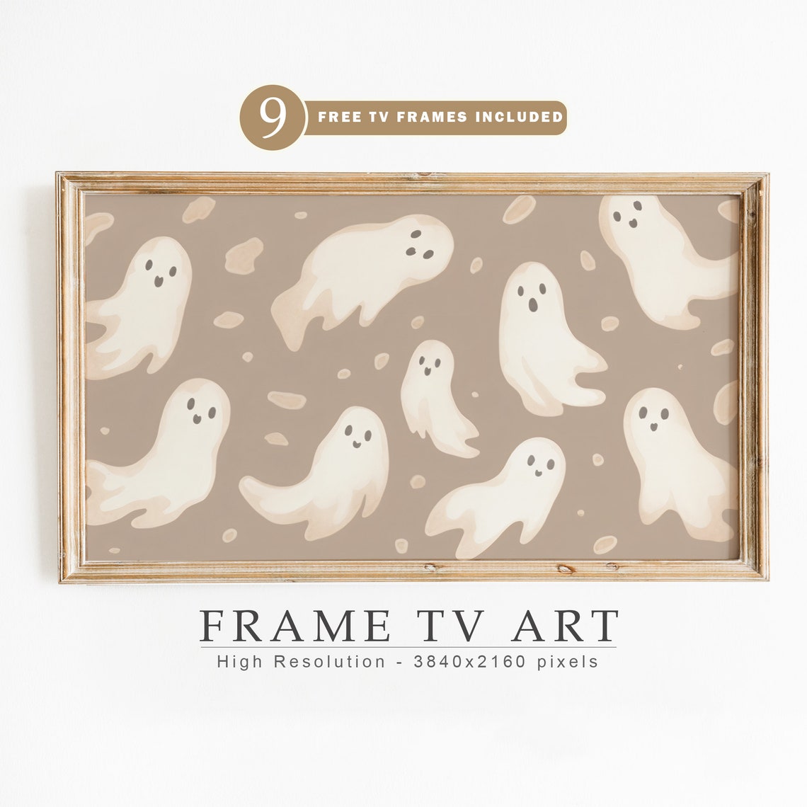 Cute Ghost Pattern Neutral Taupe Background Halloween Decor Wall Print