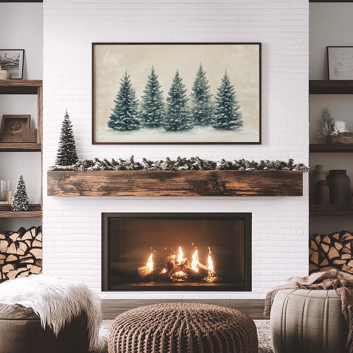 Falling Snow Evergreen Trees Beige Neutral Winter Farmhouse Poster - Image 4