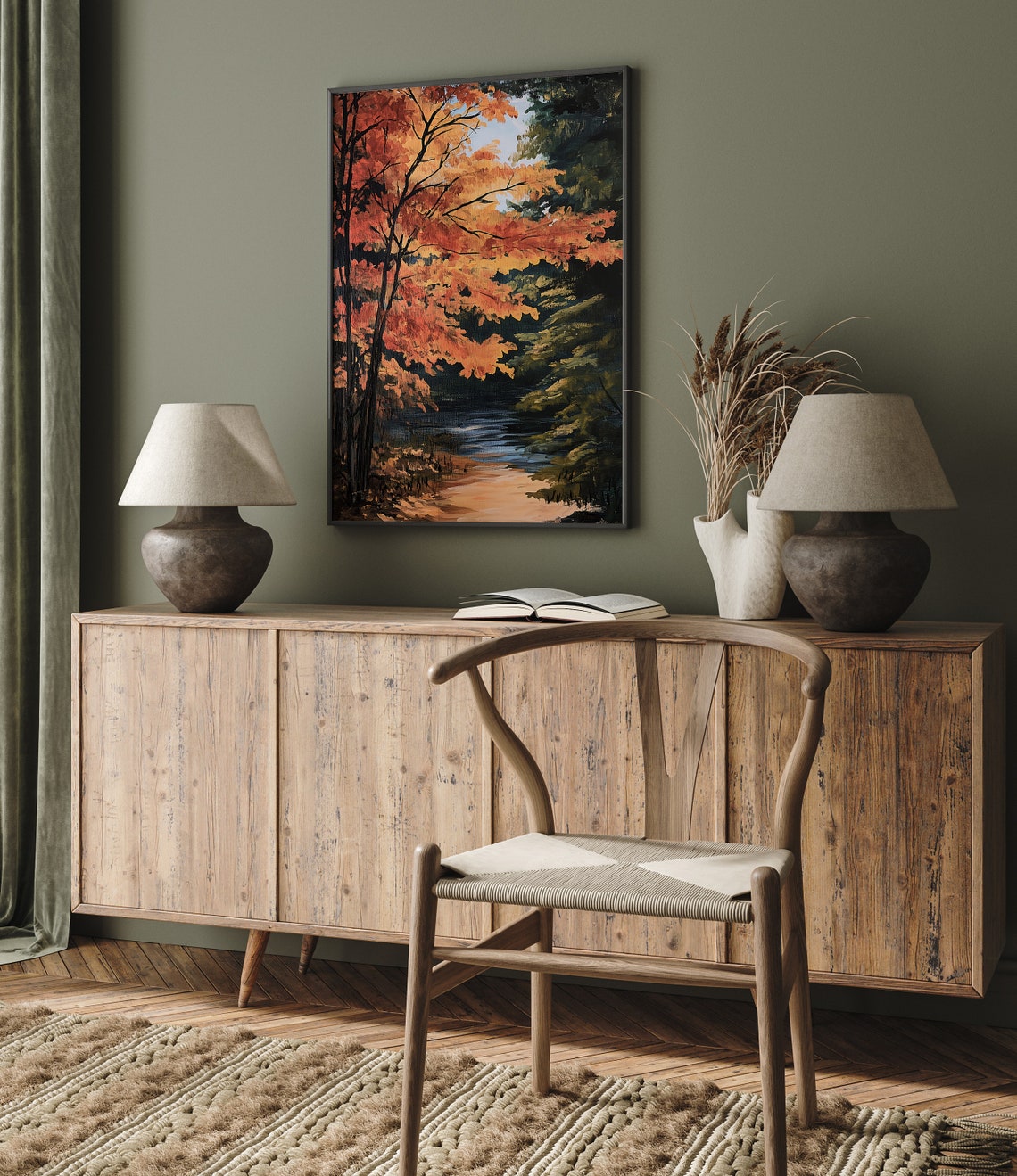 Fiery Autumn Tree Branches Over Dark Stream Rustic Painting Poster - Image 2