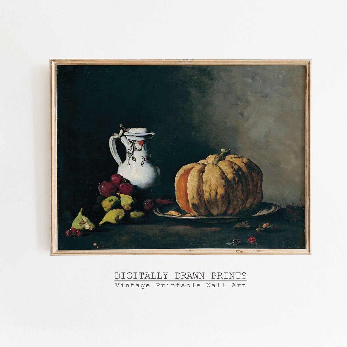 Moody Still Life Pumpkin Pitcher Fruit Dark Vintage Kitchen Art Print
