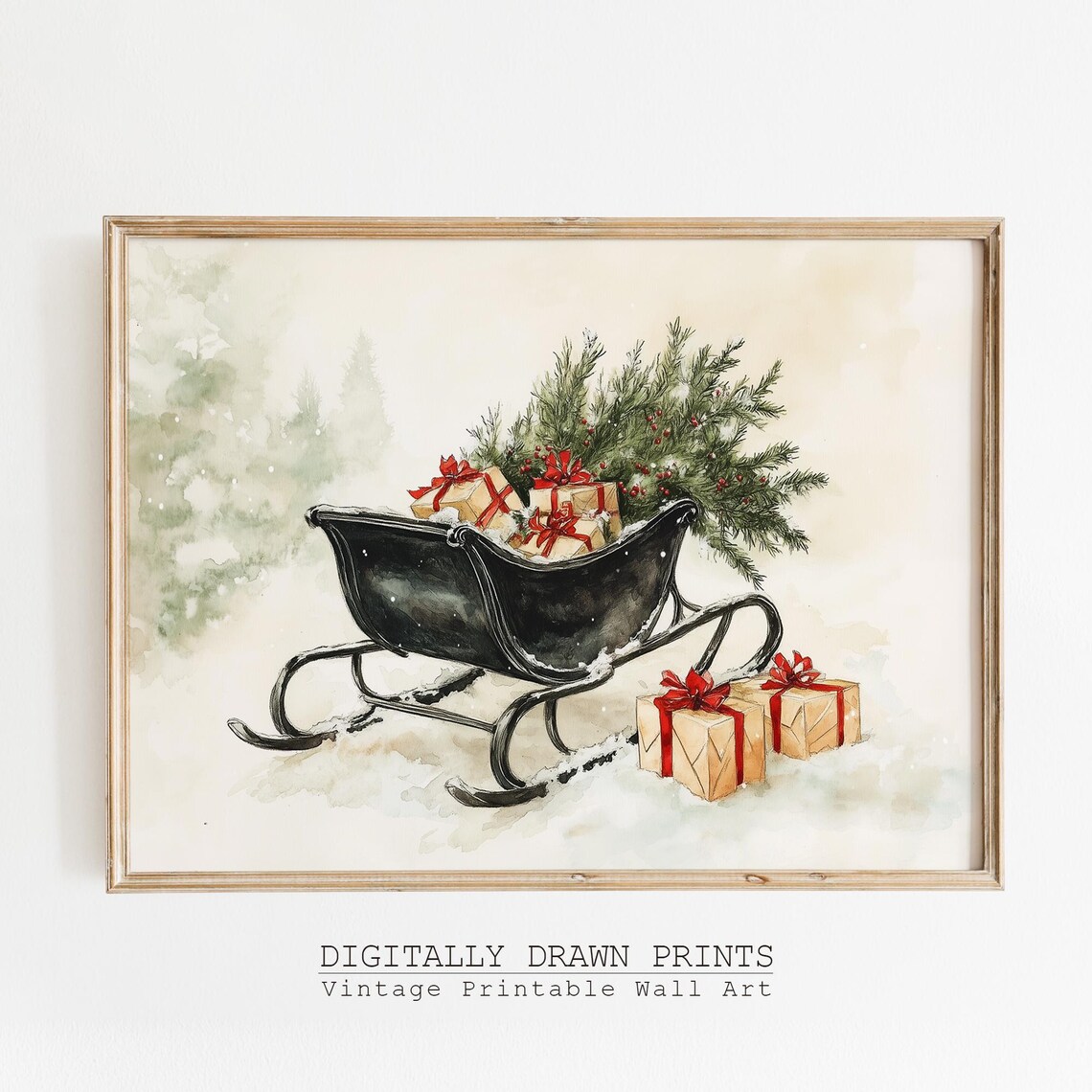 Vintage Santa Sleigh Christmas Tree Poster