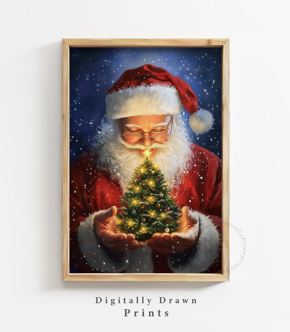 Santa Claus Holding Lit Miniature Christmas Tree Snowy Night Poster