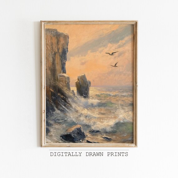 Dramatic Coastal Cliffs Sunset Waves Seagulls Seascape Art Print