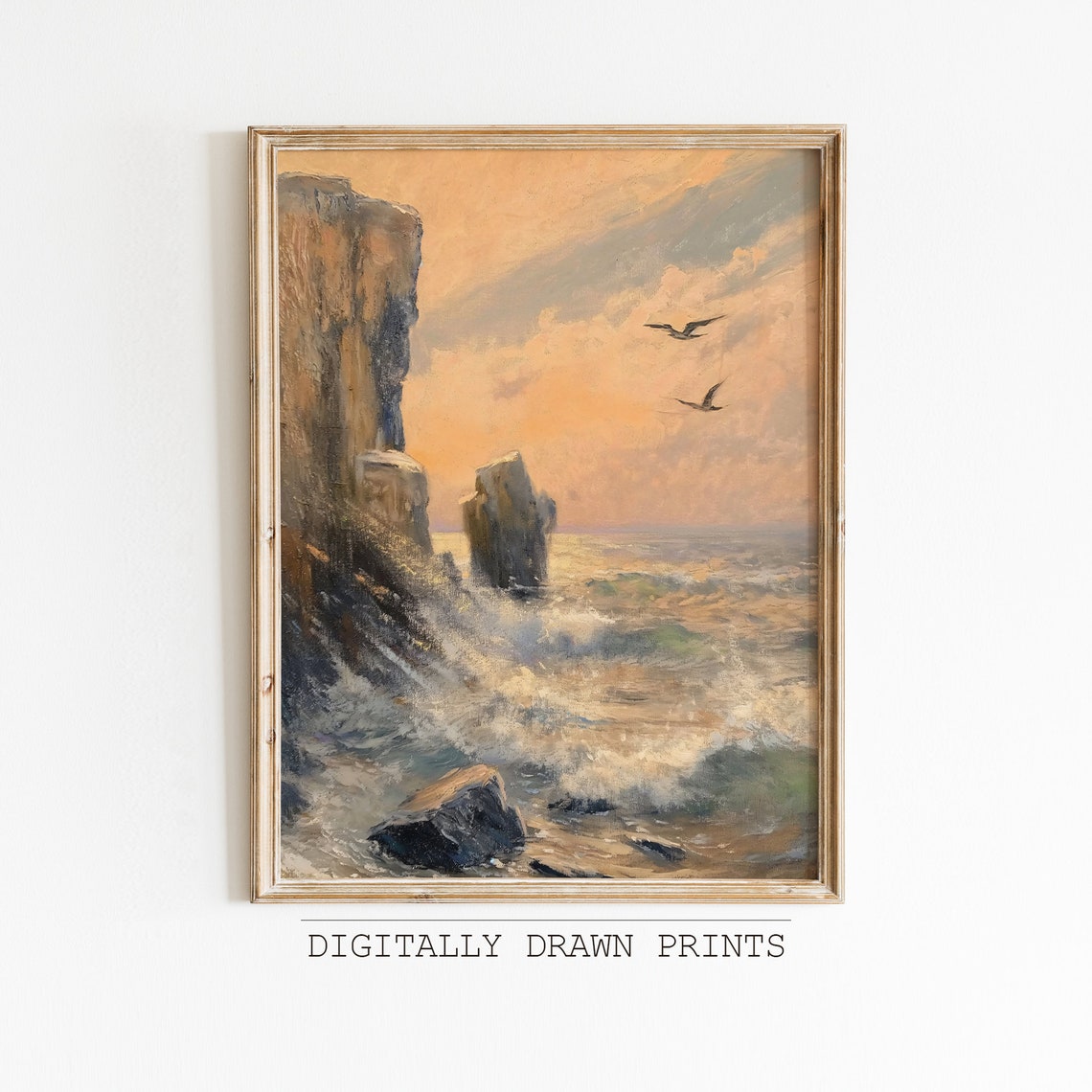 Dramatic Coastal Cliffs Sunset Waves Seagulls Seascape Art Print
