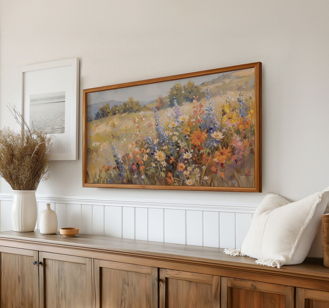 Autumn Meadow Wildflowers Orange Blue Blooms Field Landscape Poster - Image 2