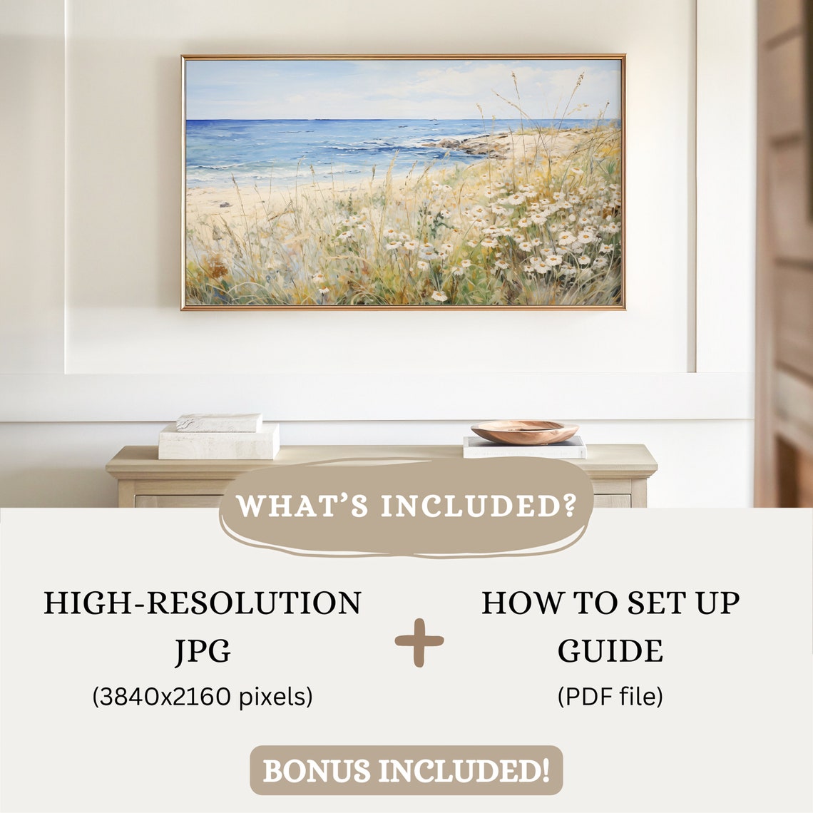 White Daisies Beach Field Sandy Shore Ocean Summer Coastal Poster - Image 2
