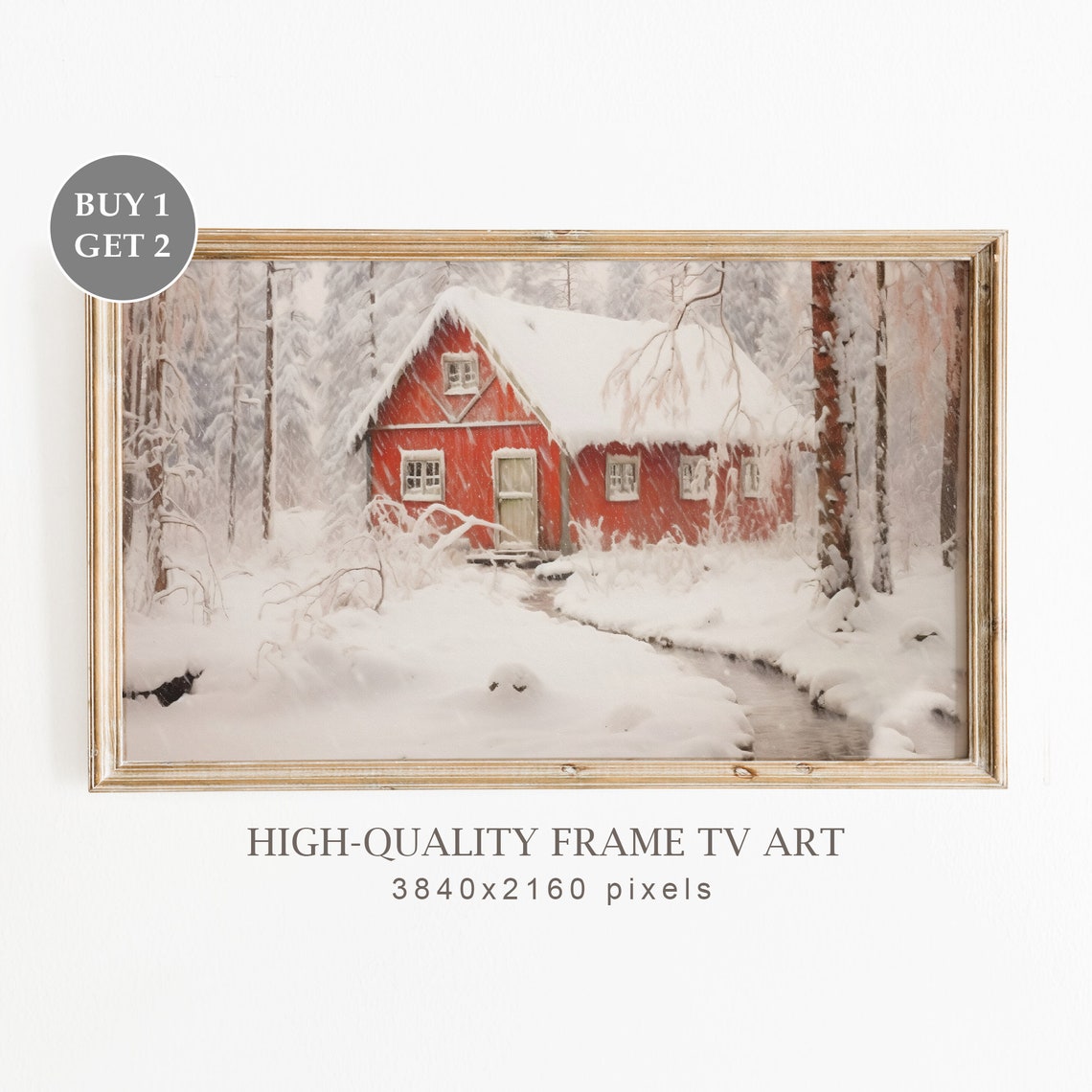 Red Cottage In Deep Snow Winter Forest Cozy Cabin Snowfall Scene Print