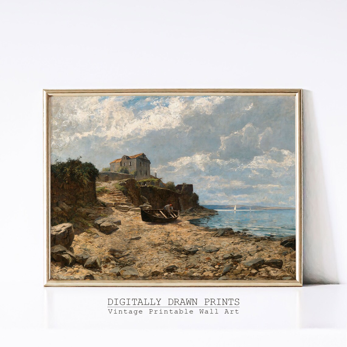 Mediterranean Coastal Villa Fishing Boat Rocky Shore Vintage Seascape Poster - Image 3