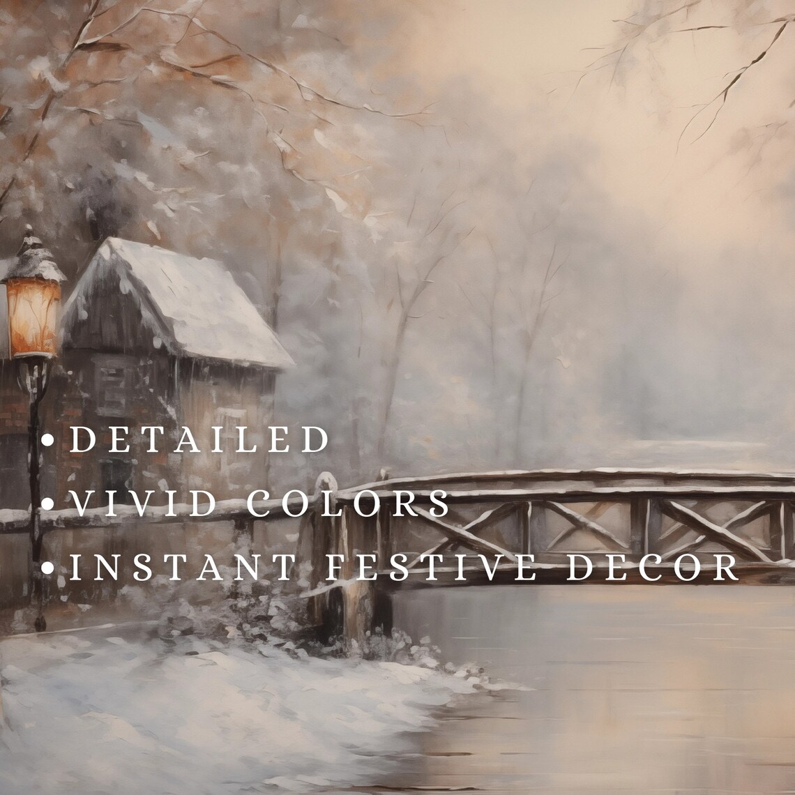 Snowy Wooden Bridge Village Moody Winter Night Scene Art Poster - Image 2