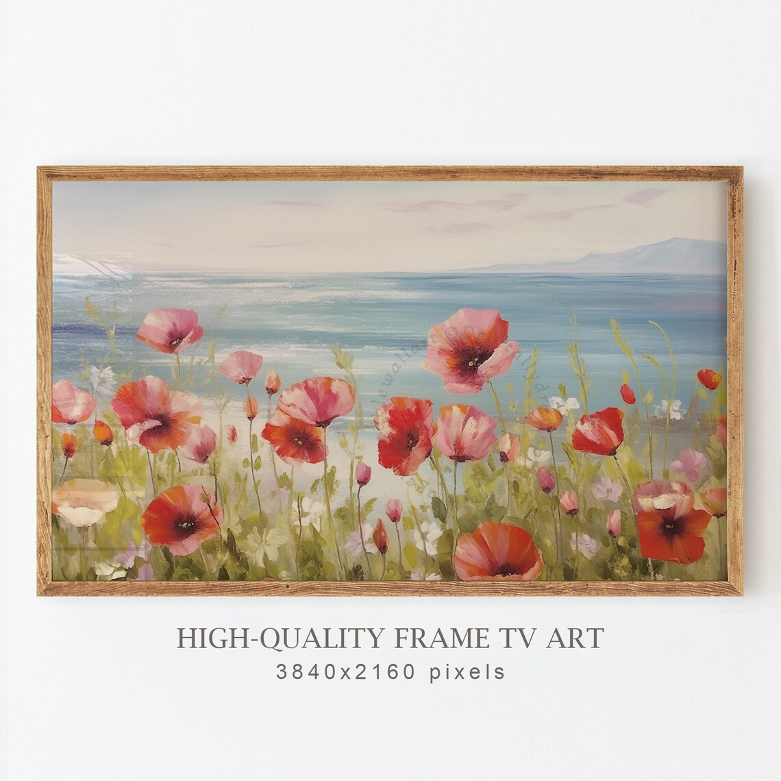 Red Poppy Wildflowers Coastal Field Sea View Floral Oil Poster - Image 2