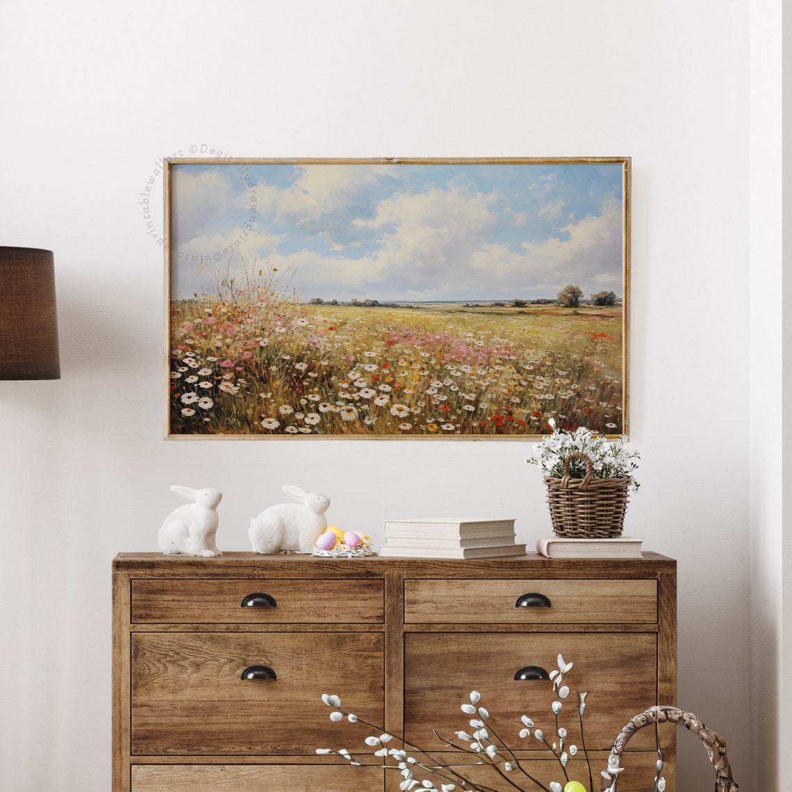Vast Wildflower Field Under Cloudy Sky Distant Trees Wall Art - Image 3