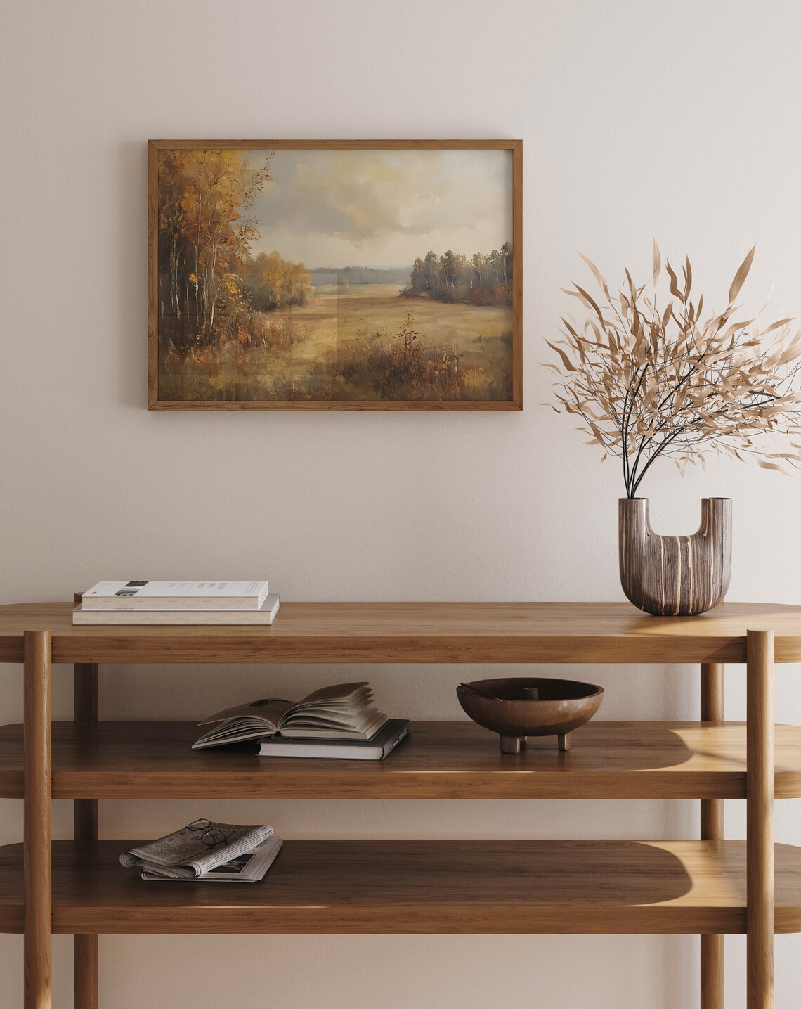 Muted Vintage Autumn Field River Soft Cloudy Sky Neutral Poster - Image 2