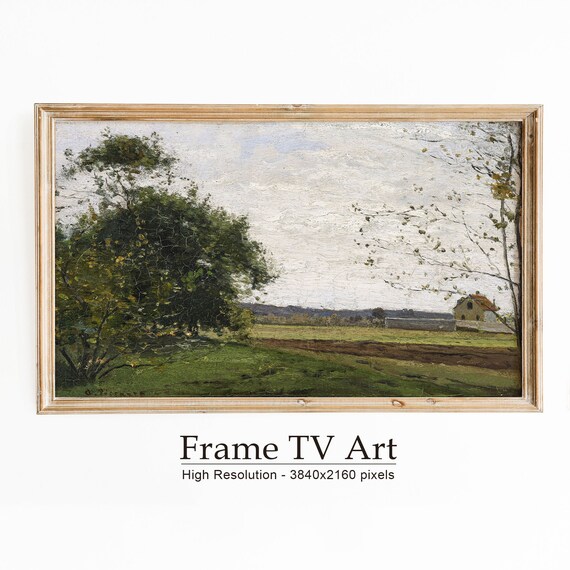 Spring Meadow Grand Trees Farmhouse Red Roof Vintage Landscape Poster