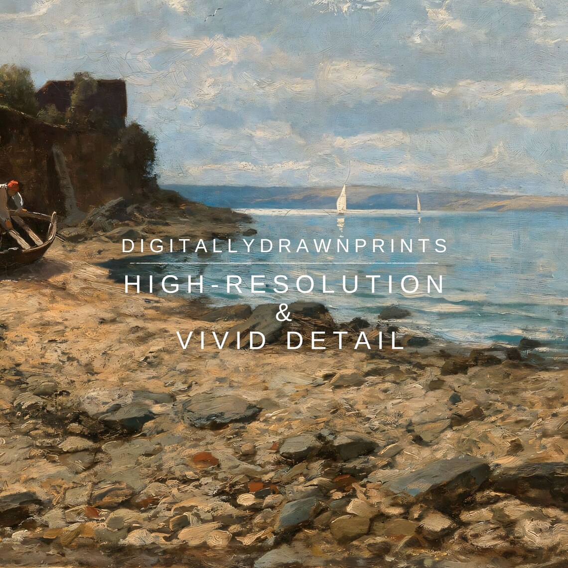 Mediterranean Coastal Villa Fishing Boat Rocky Shore Vintage Seascape Poster - Image 2