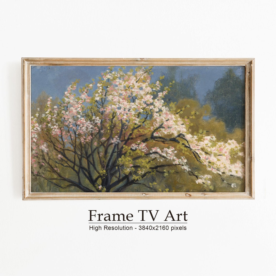 Pink Blossoming Tree Spring Vintage Oil Painting Blue Sky Art Poster