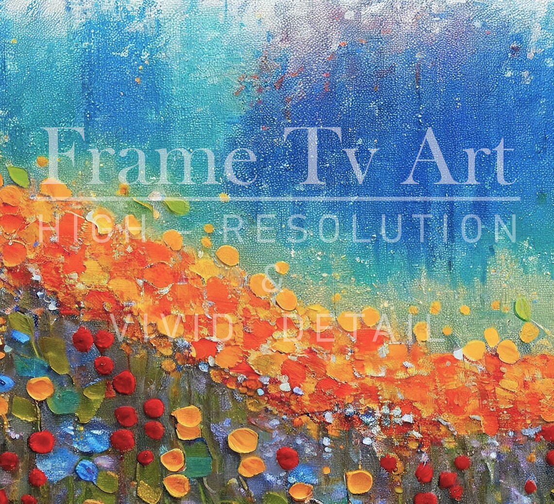 Abstract Poppy Field Oil Painting Vibrant Red Poppies Blue Sky Textured Print - Image 3