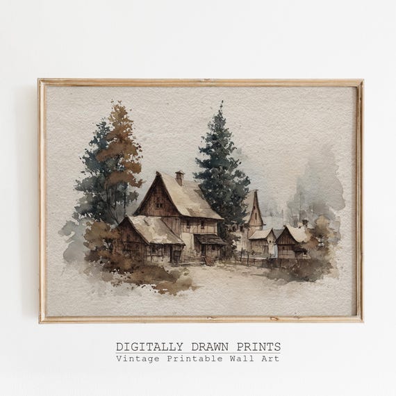 Neutral Autumn Cottage Wall Art Rustic Moody Fall Landscape Watercolor Farmhouse Scene Print