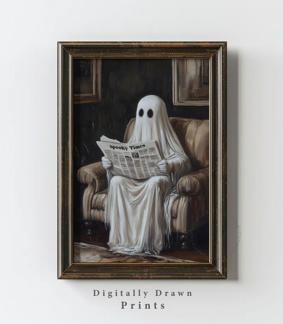 Spooky Ghost Reading Newspaper Vintage Halloween Art Print