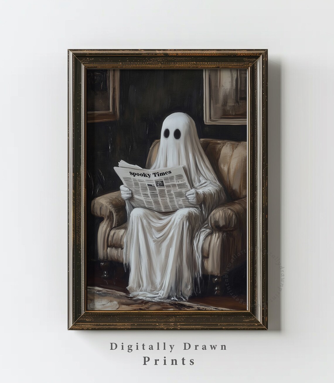Spooky Ghost Reading Newspaper Vintage Halloween Art Print