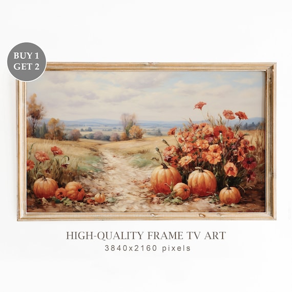 Pumpkins And Red Wildflowers On Autumn Country Path Harvest Scene Print