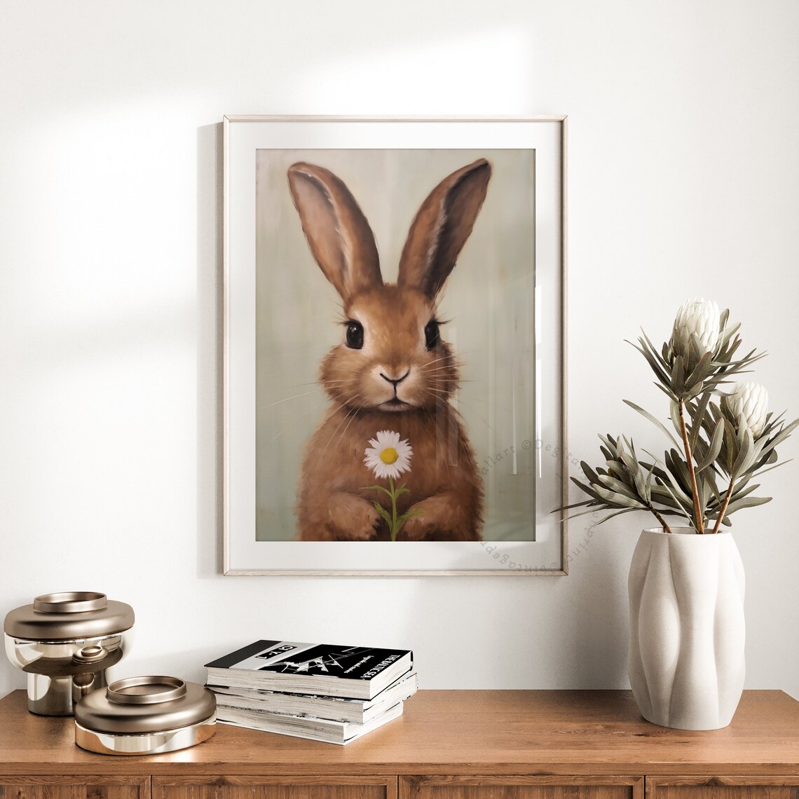 Vintage Easter Bunny Holding A Flower Art Print - Image 3