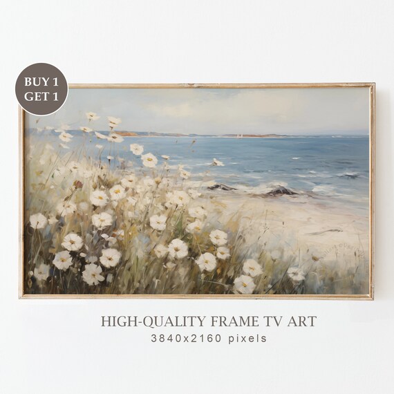 White Seaside Wildflowers Ocean Cliff Shore Neutral Vintage Scenery Poster