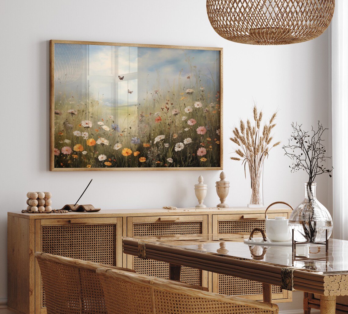 Wildflower Meadow with Butterflies Vintage Landscape Wall Art - Image 2