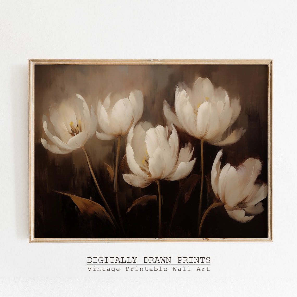 Dramatic Dark Moody White Tulips Chiaroscuro Botanical Art Print - Image 4