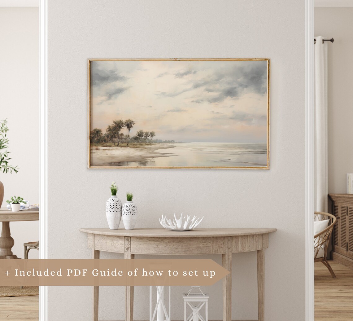 Soft Sunrise Palm Beach Sandy Shore Cloudy Sky Neutral Coastal Art Poster - Image 2