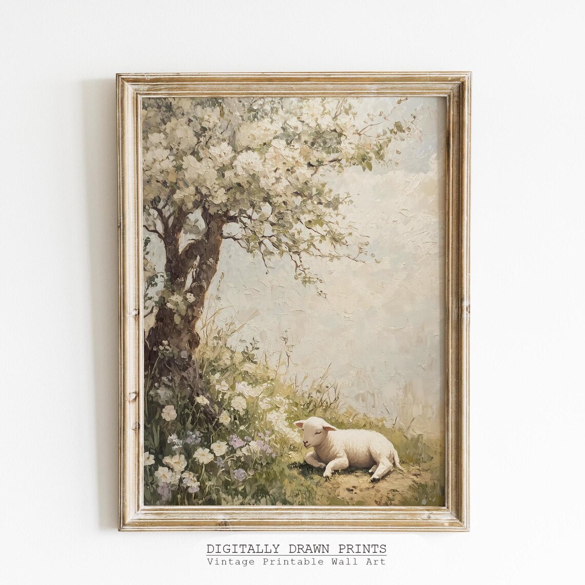 Vintage Spring Landscape, Neutral Farmhouse Art Print