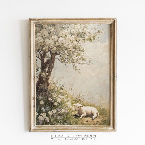 Vintage Spring Landscape, Neutral Farmhouse Art Print