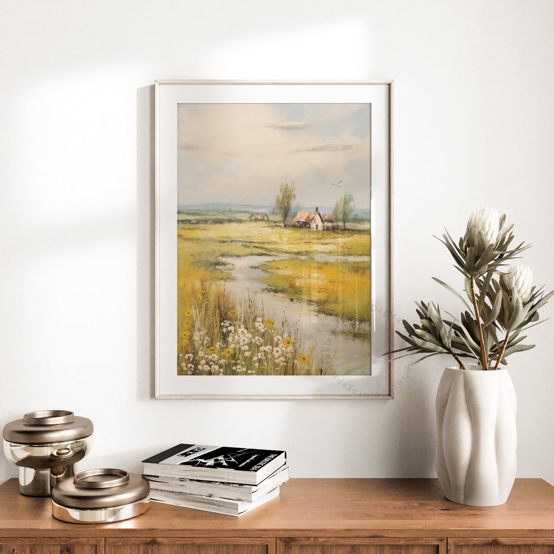 Country Cottage by Winding Stream Golden Meadow Landscape Print - Image 5