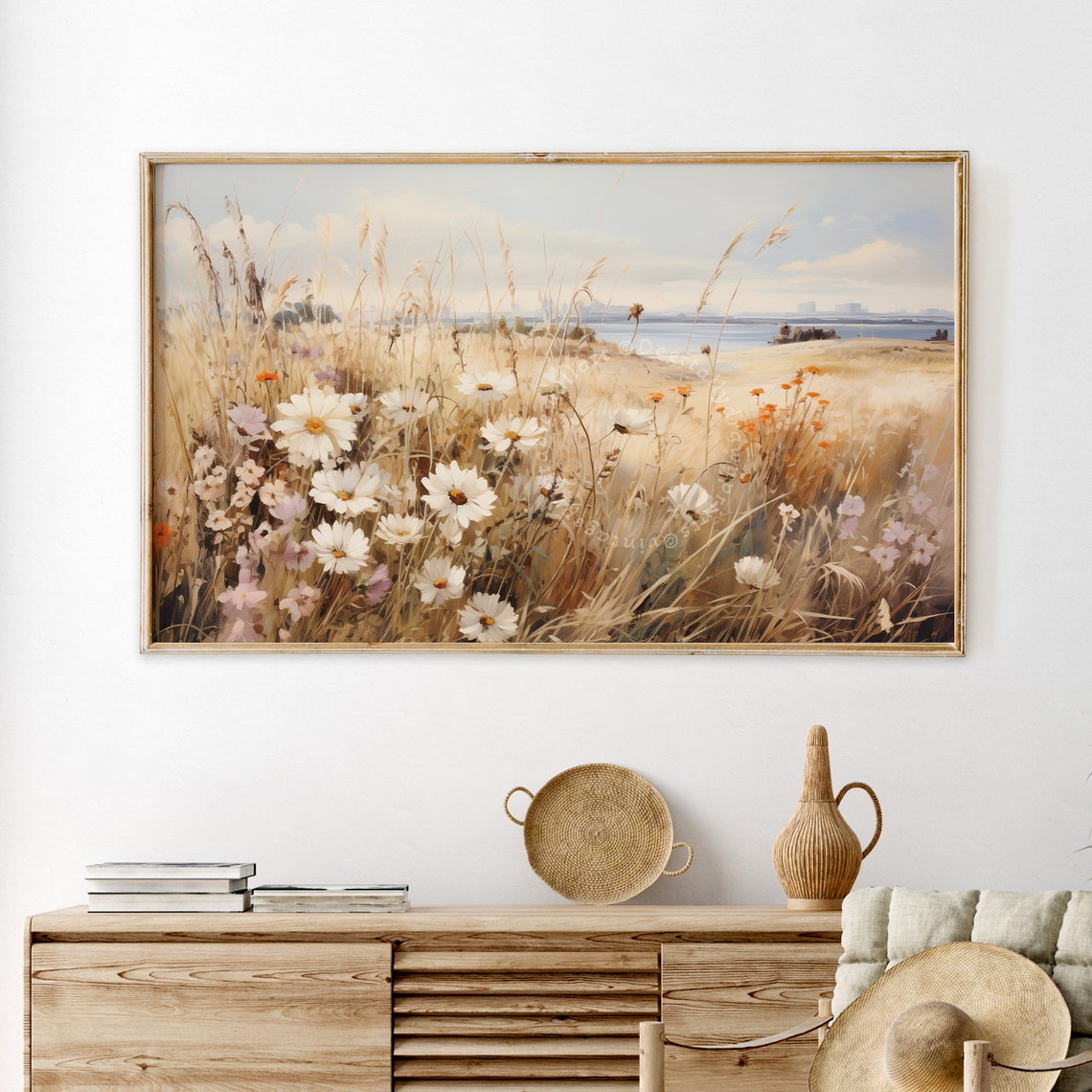 White Daisy Golden Grass Meadow Lake Shore Spring Field Wall Art - Image 2