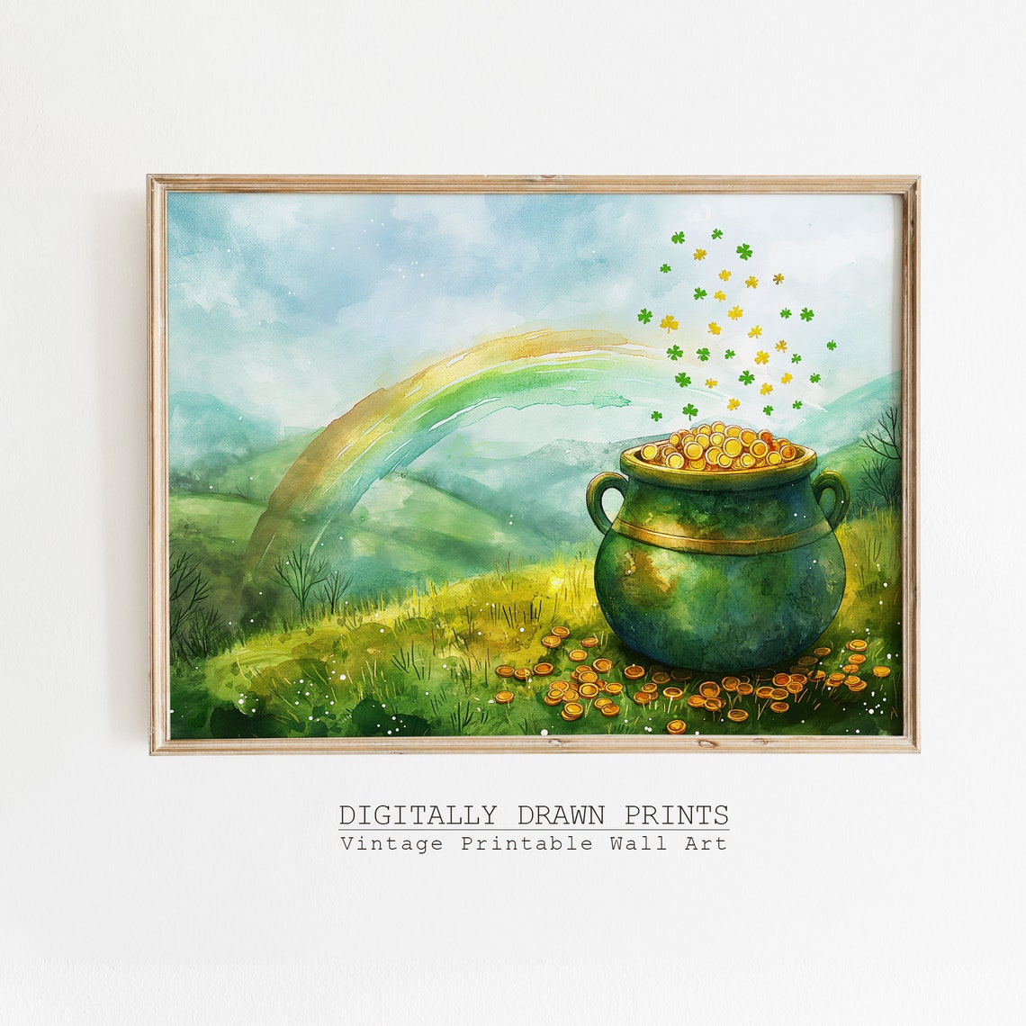 Pot of Gold Rainbow Green Irish Hills Watercolor St Patricks Print