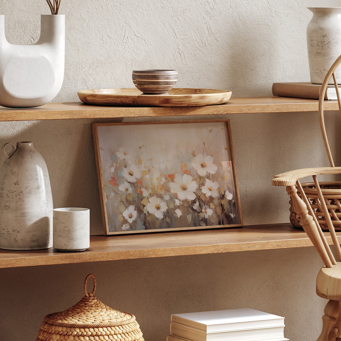 Ethereal White Wildflowers Soft Beige Misty Meadow Floral Wall Art - Image 4