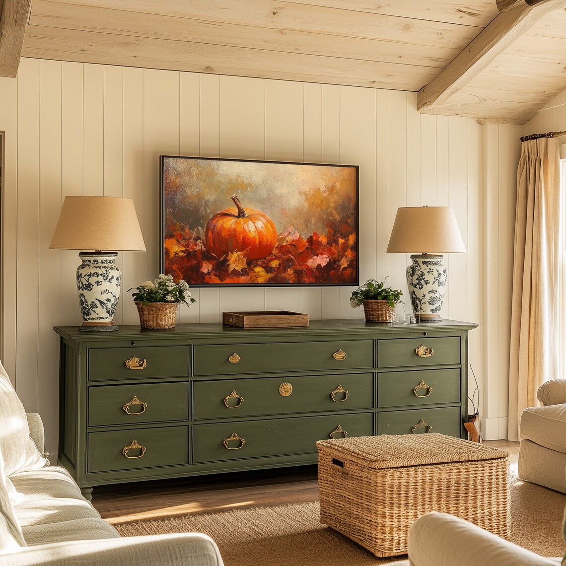 Orange Pumpkin Autumn Leaves Harvest Still Life Cozy Oil Poster - Image 4