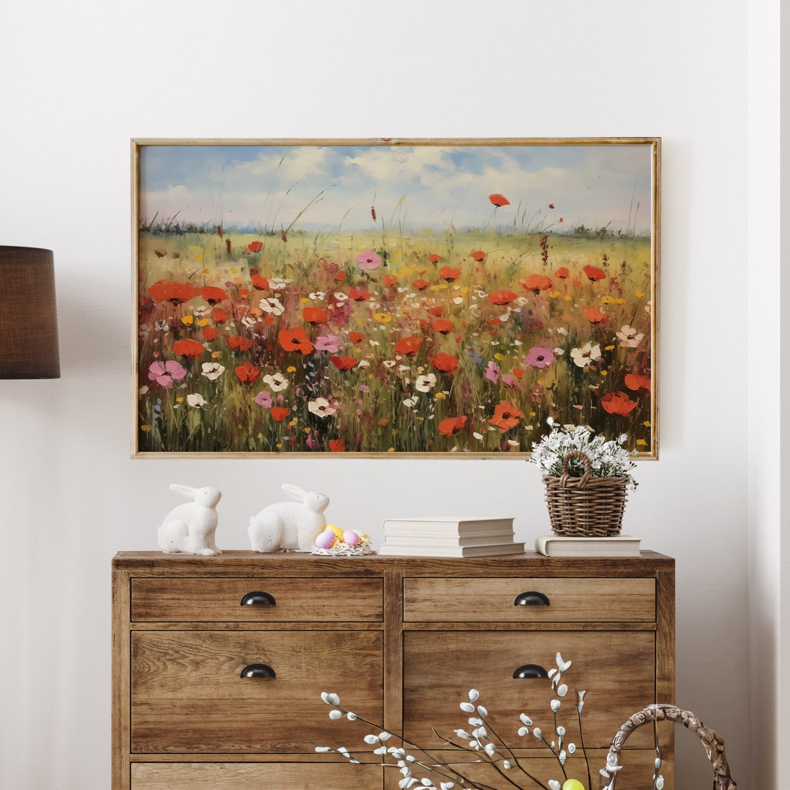 Wildflower Meadow Red Poppies Blue Sky Spring Field Oil Print - Image 4