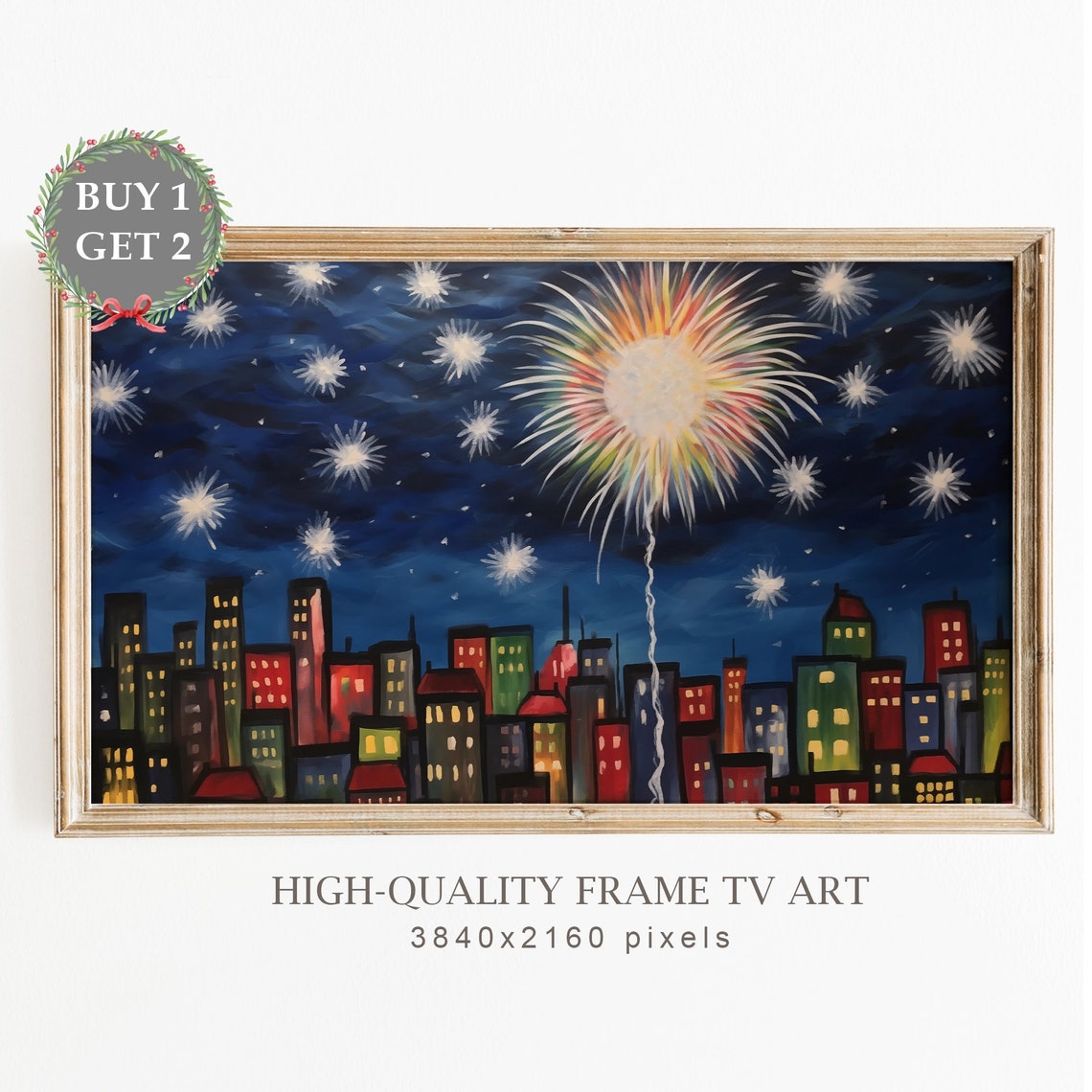City Skyline New Year Fireworks Night Colorful Celebration Art Poster