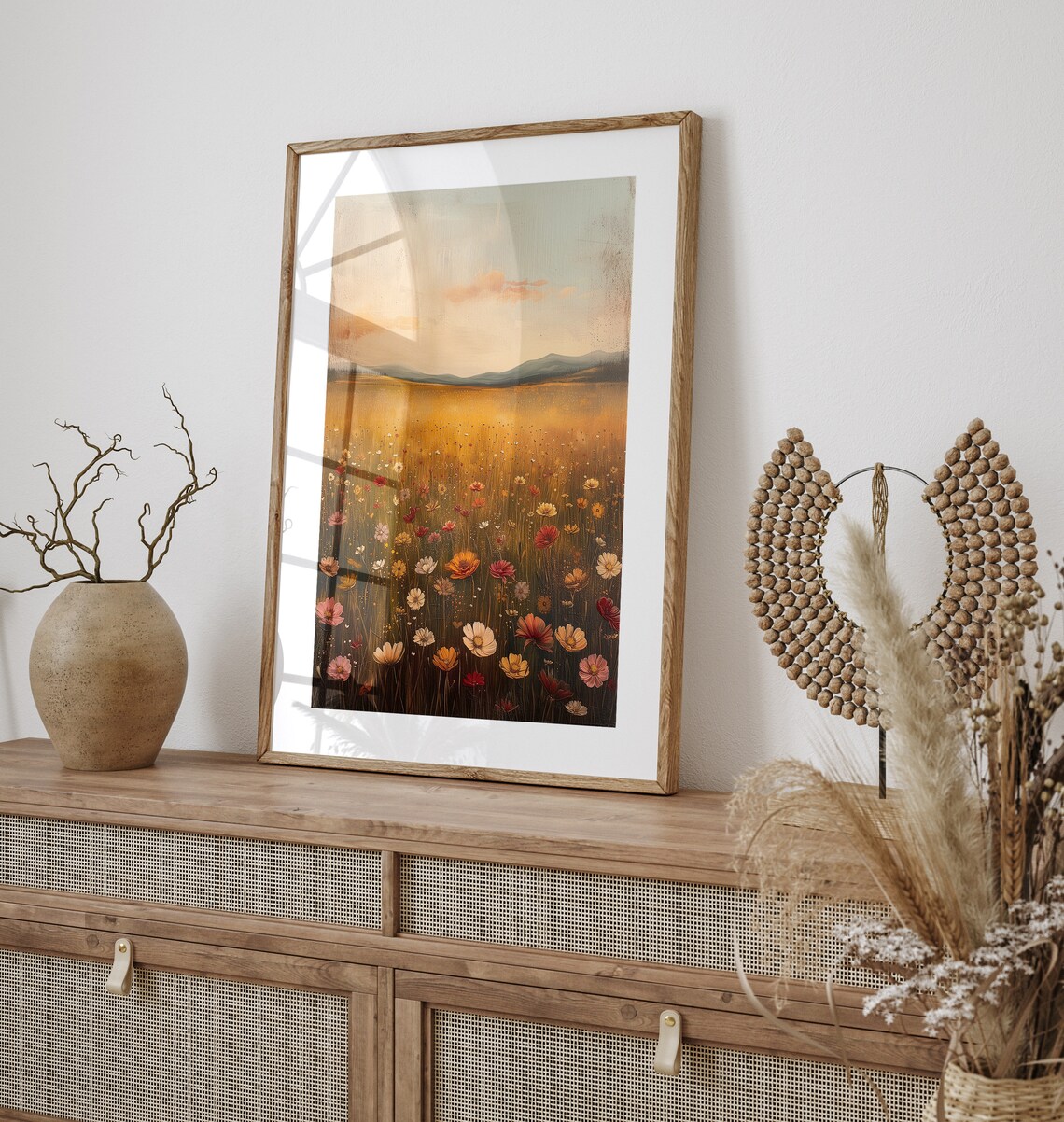 Golden Wildflower Field at Sunset Vintage Meadow Landscape Oil Print - Image 3