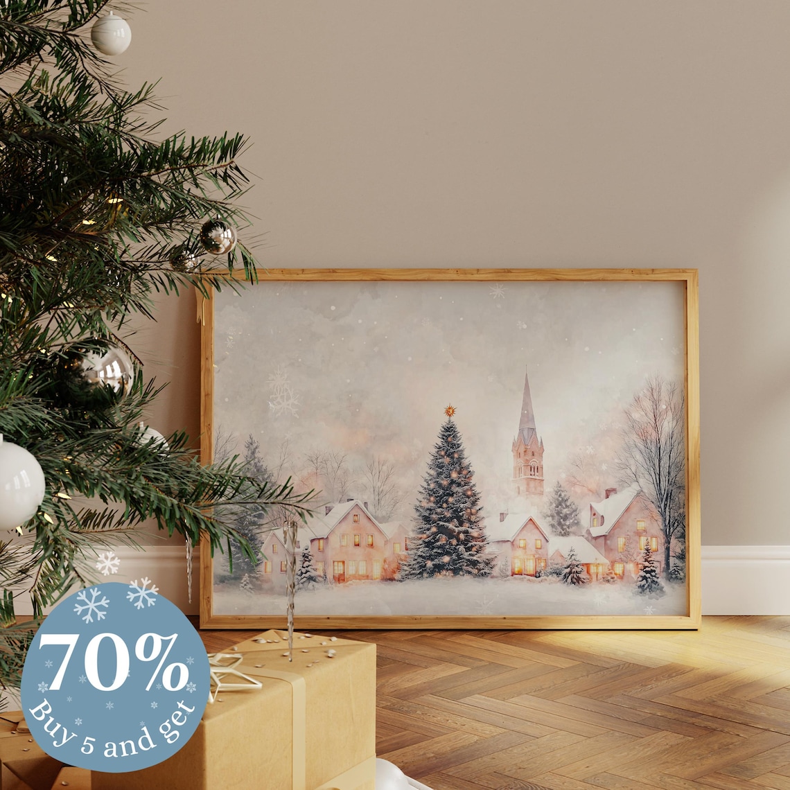 Neutral Christmas Village Art Print, Winter Church Scene - Image 4