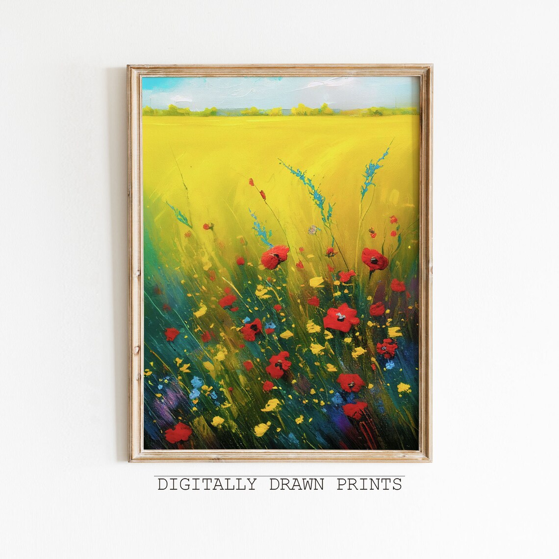 Golden Meadow Red Poppies Blue Wildflowers Sunny Field Art Poster