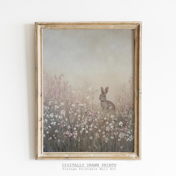 Vintage Easter Bunny in Wildflowers Field Art Print