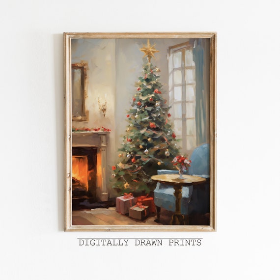 Vintage Christmas Tree Oil Painting, Farmhouse Decor