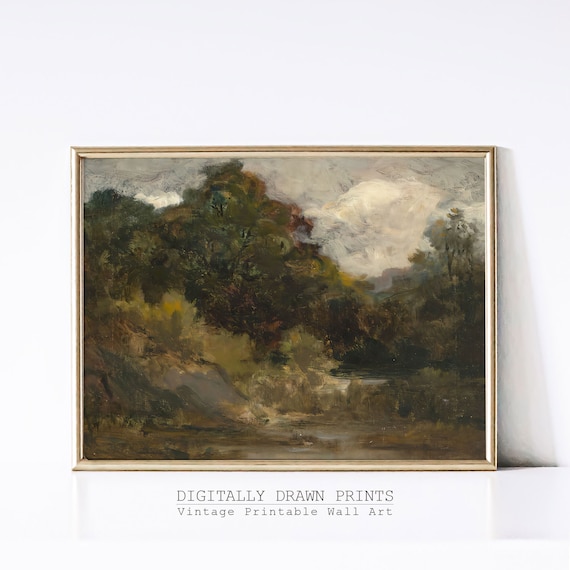 Moody Dark Forest Rocky Stream Cloudy Sky Vintage Landscape Painting Poster