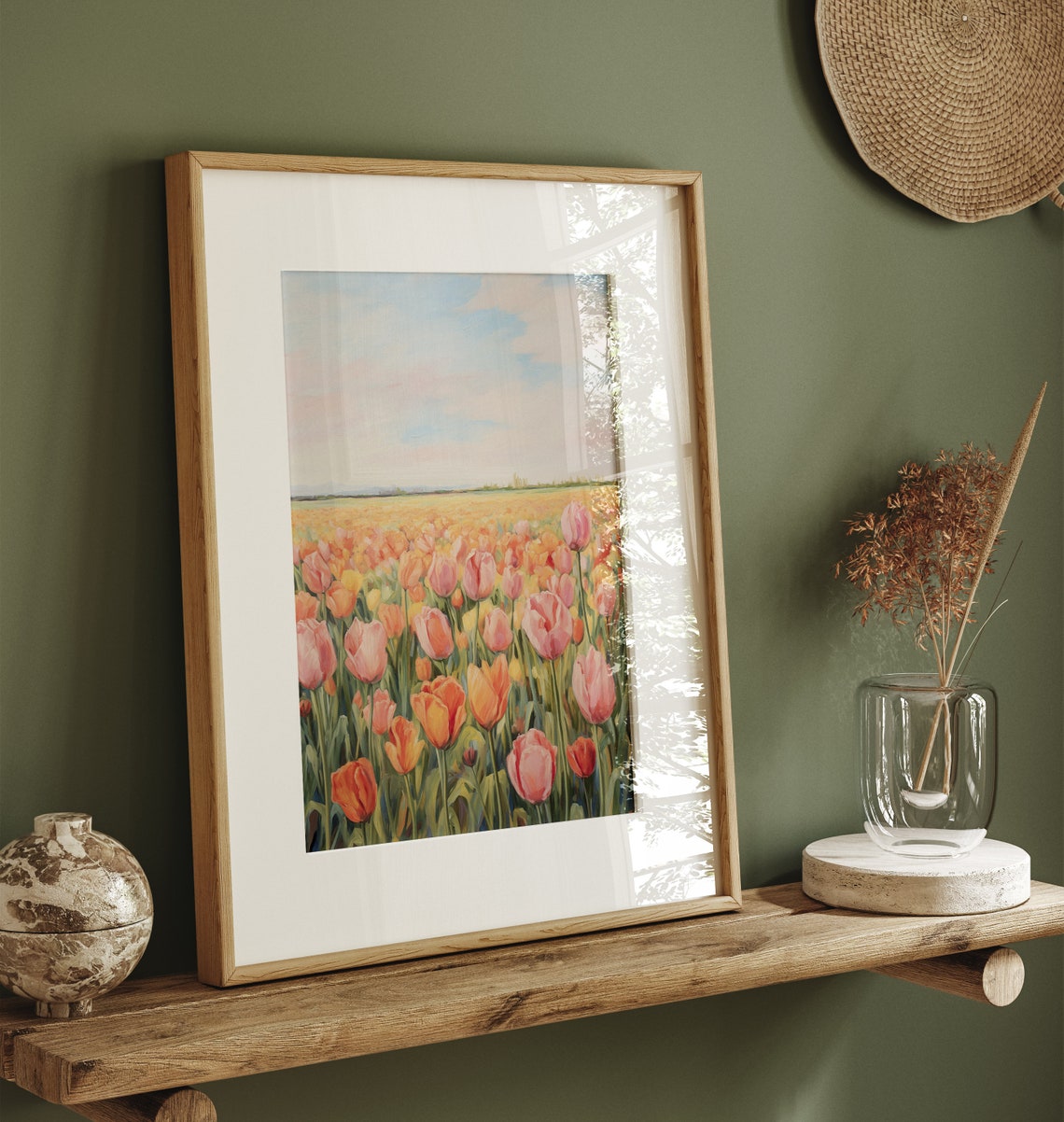 Pink and Orange Tulip Field Under Pastel Sky Spring Art Print - Image 2