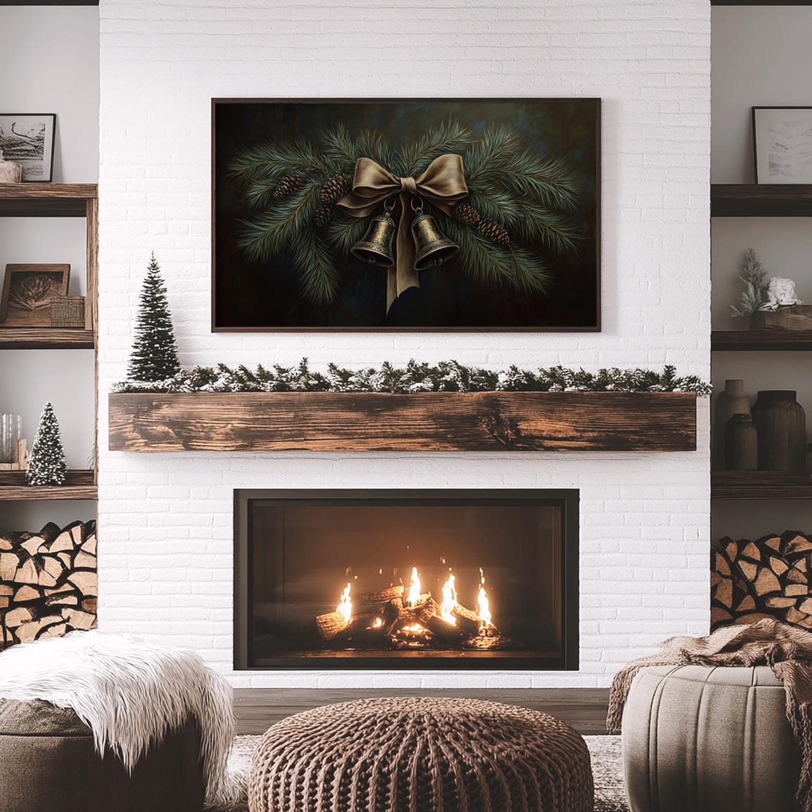 Dark Moody Christmas Bells Gold Bow Pine Branch Vintage Poster - Image 5