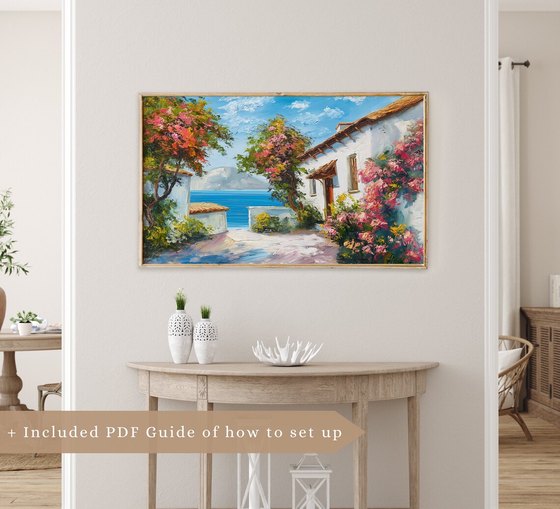 Mediterranean Coastal Alley Bougainvillea Whitewashed Village Seaview Poster - Image 3