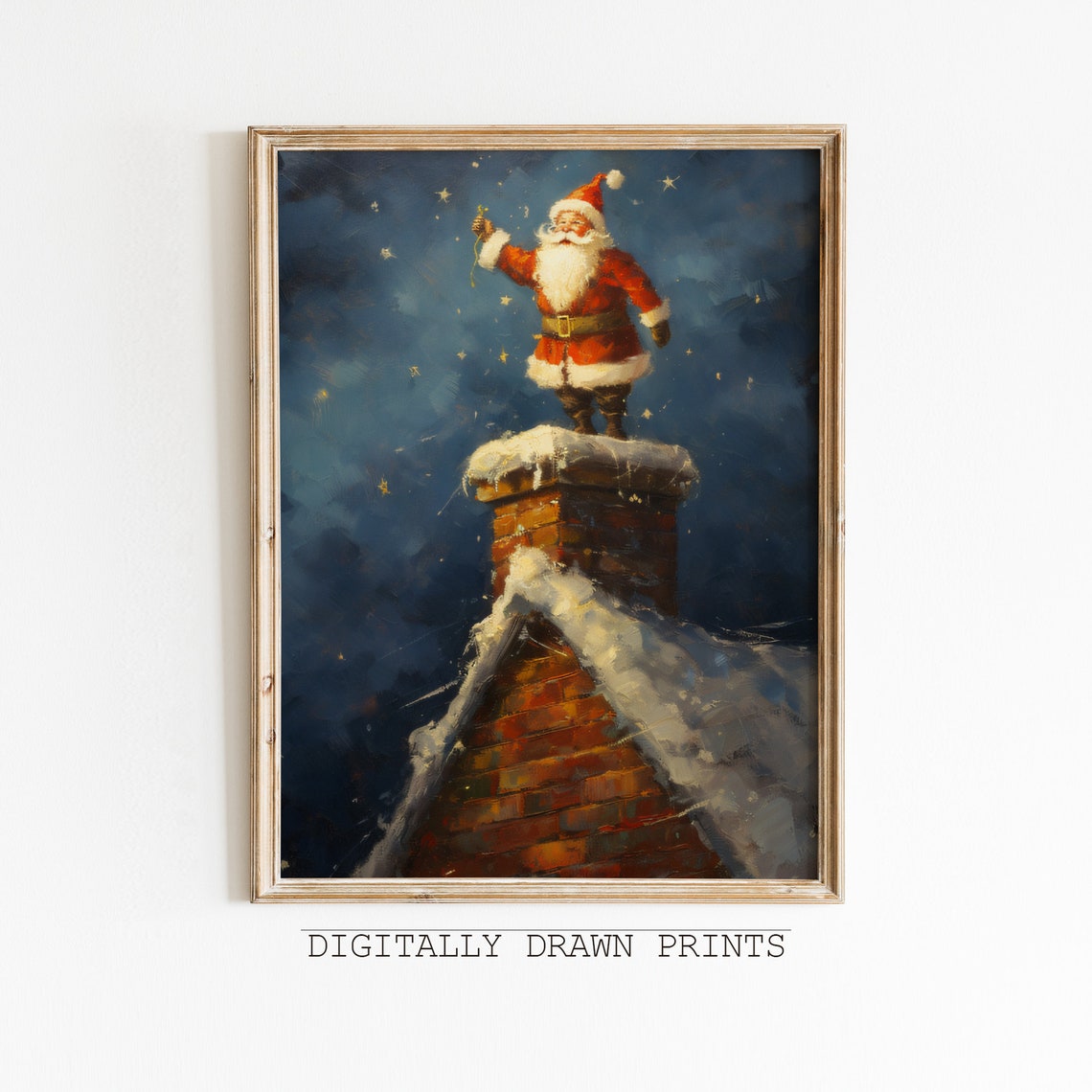 Santa Claus On Snowy Rooftop Chimney Vintage Christmas Poster
