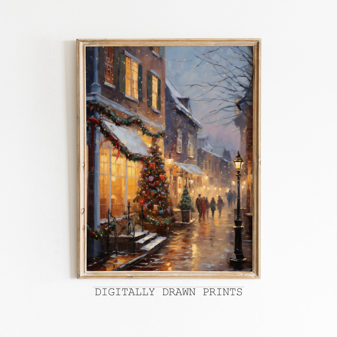 Vintage Christmas City Landscape Oil Painting Print